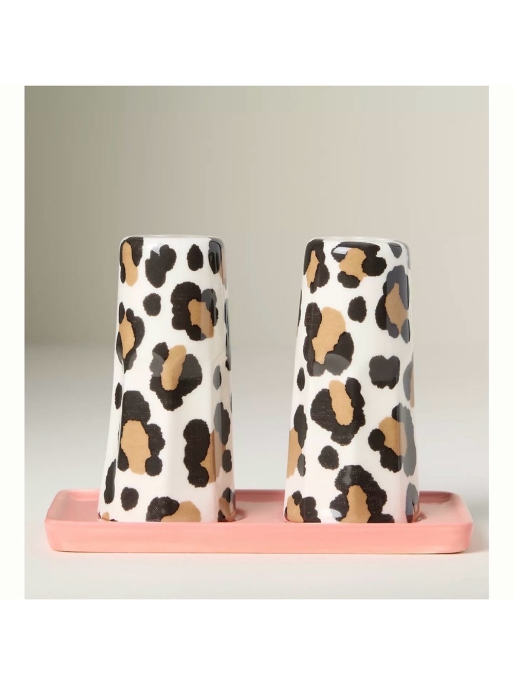 ANTHROPOLOGIE Leopard Stoneware Salt and Pepper With Tray Set